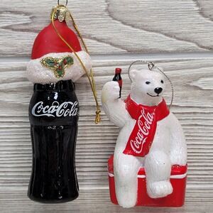 Lot 2 Coca Cola Christmas Ornaments Polar Bear Kurt Adler Santa Hat Bottle Coke